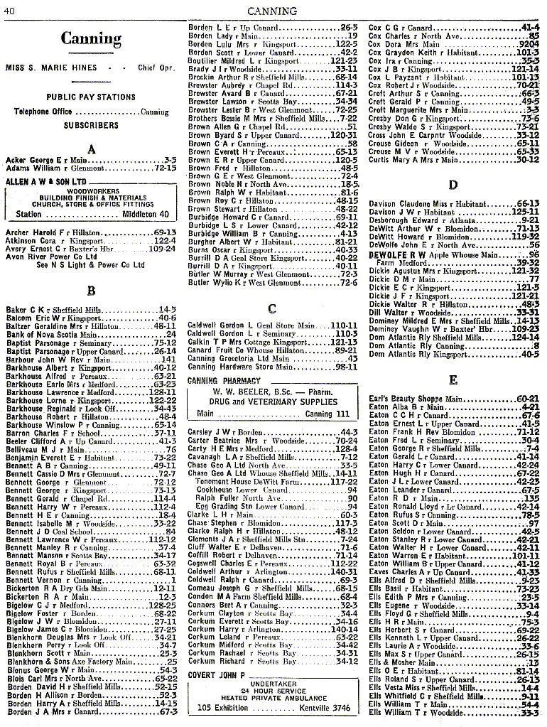 Canning telephone directory, January 1954, page 40: Acker-Ells