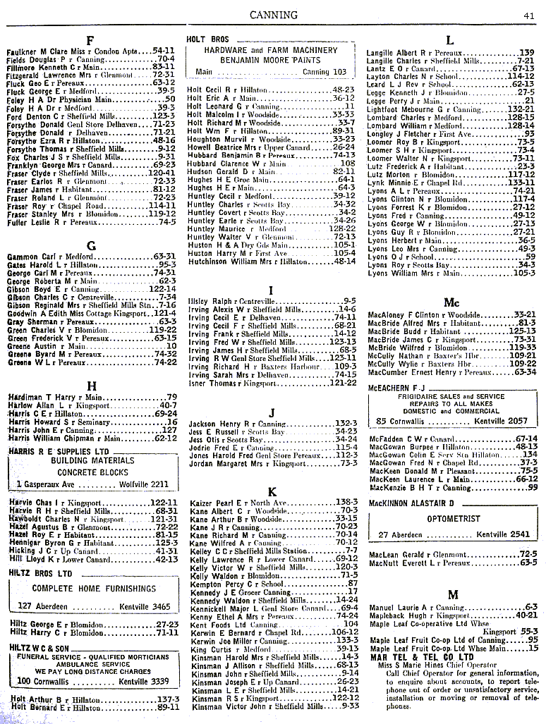 Canning telephone directory, January 1954, page 41: Faulkner-Maritime