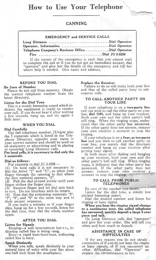 Canning supplementary telephone directory, February 1958, page 2: How to use your telephone