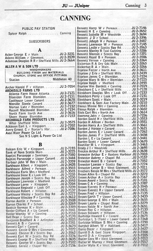 Canning supplementary telephone directory, February 1958, page 3: Acker-Butler