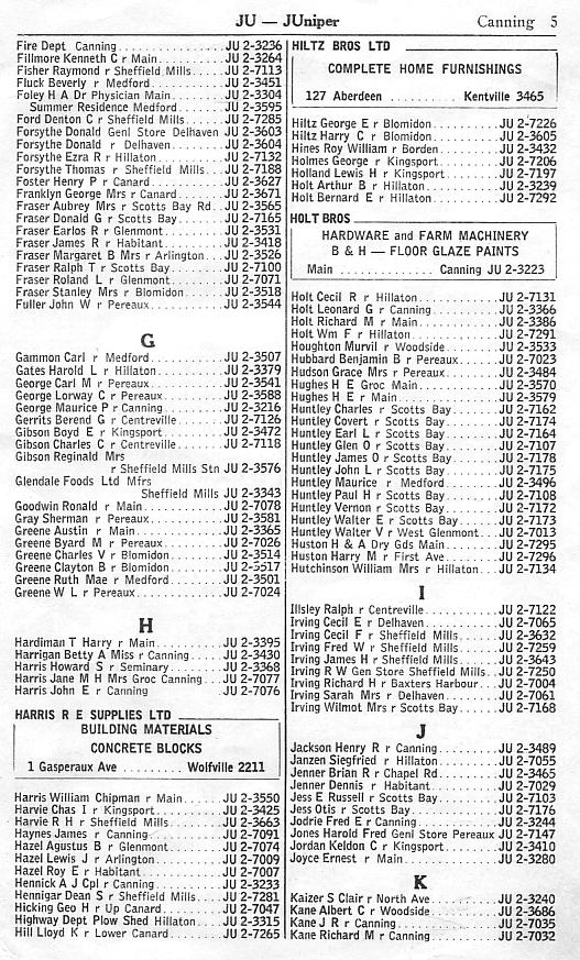 Canning supplementary telephone directory, February 1958, page 5: Fire-Kane