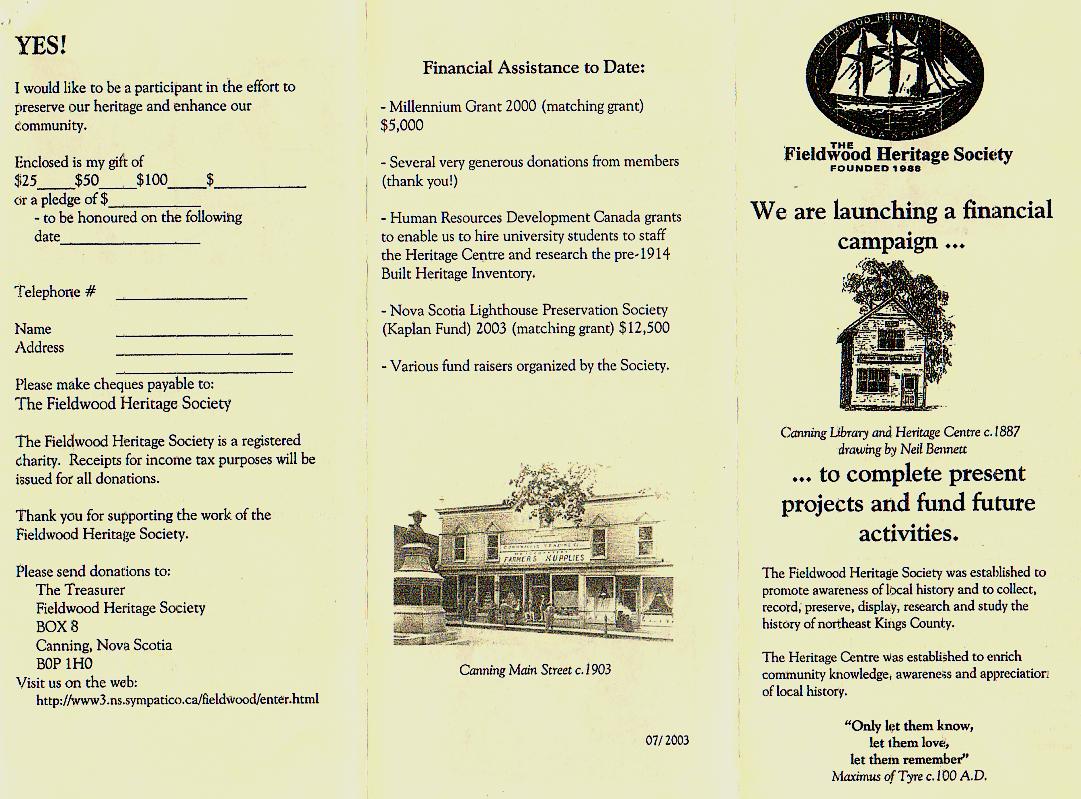 Canning's Fieldwood Heritage Society brochure August 2003, page 1