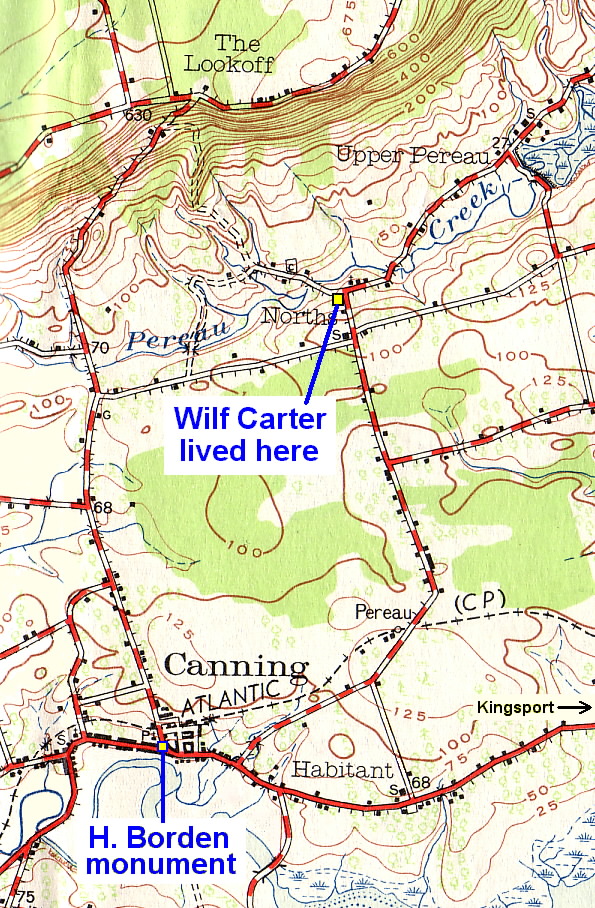 Map showing the location of Wilf Carter's home near Canning, Nova Scotia