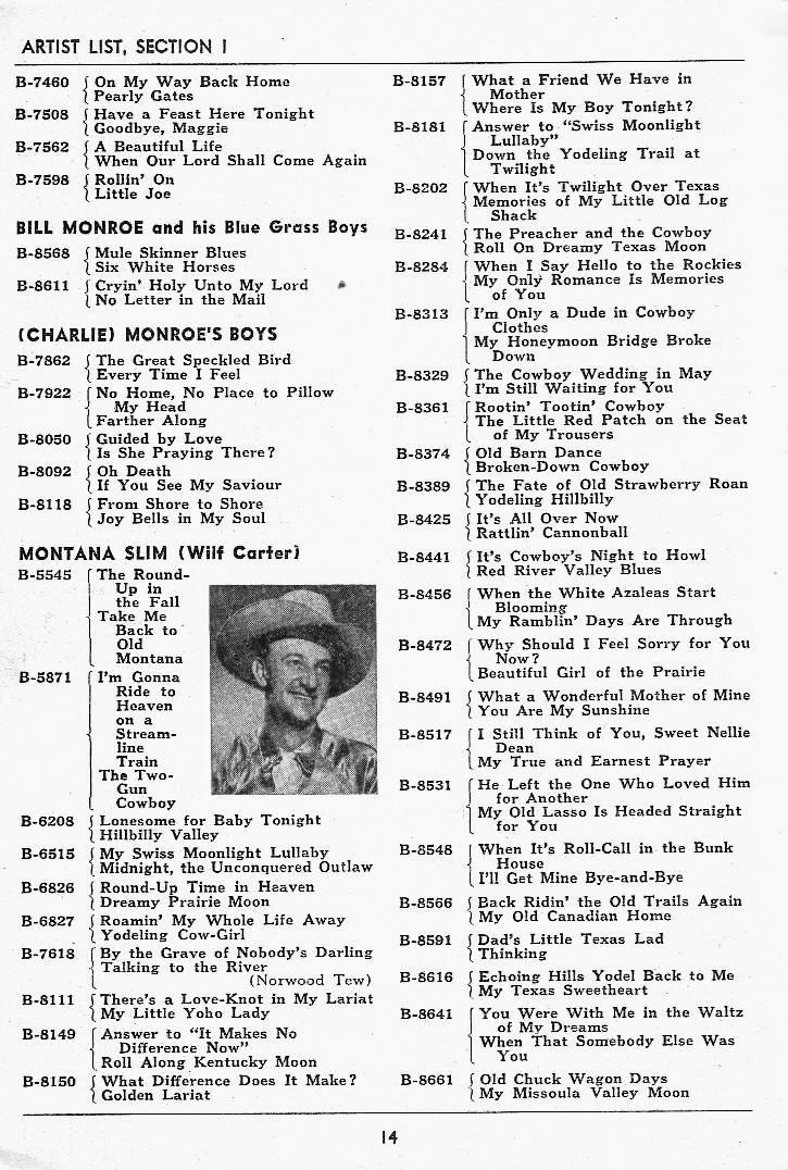 RCA Victor Bluebird Catalog 1941, page 14 Montana Slim (Wilf Carter)