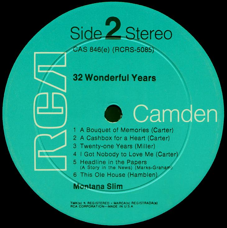 Montana Slim record (United States) 33rpm LP Camden CAS-846(e) side two