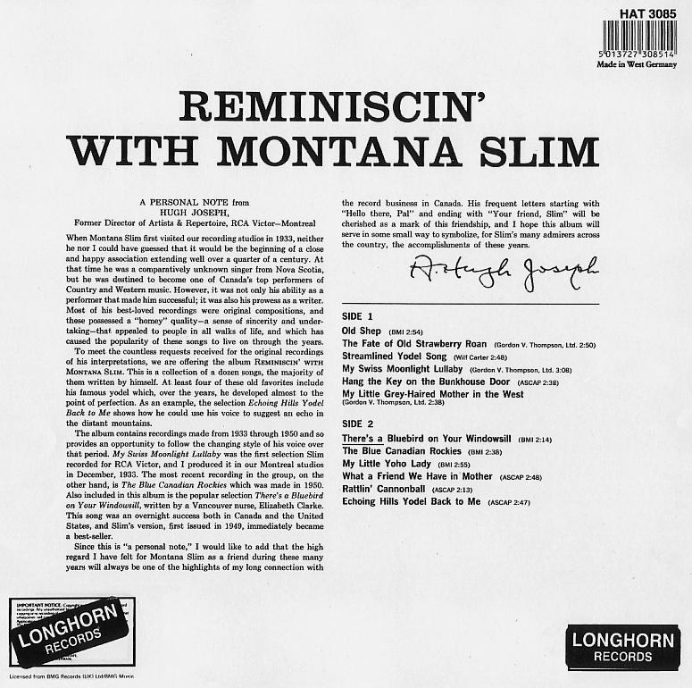 Jacket back: Montana Slim record 33rpm LP Longhorn HAT-3085