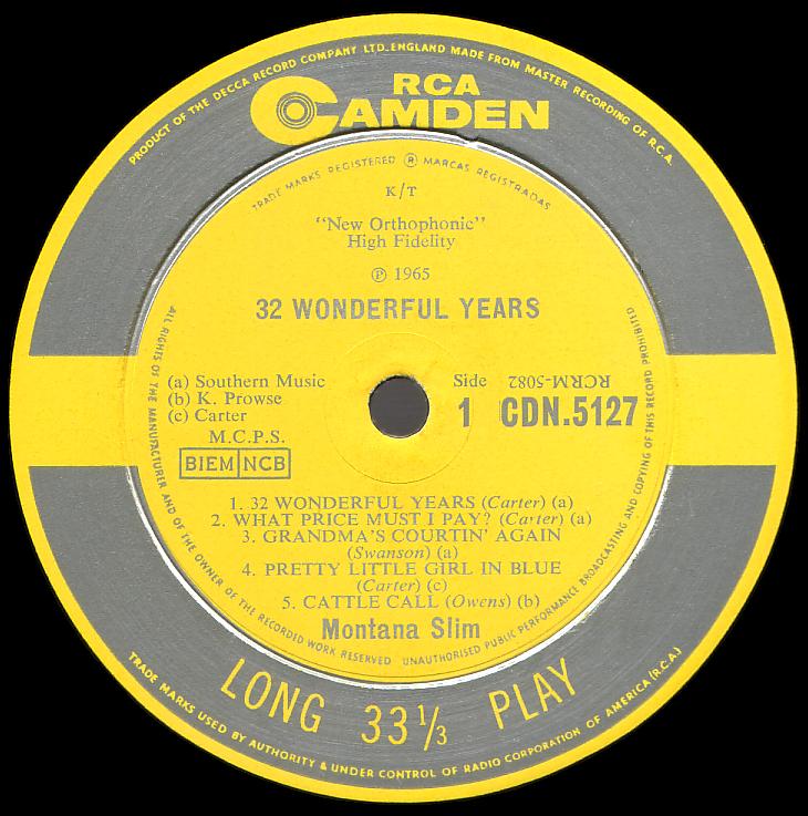 Montana Slim record (Great Britain) 33rpm LP Decca-Camden CDN-5127 side one