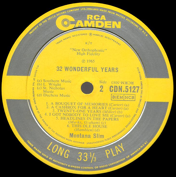 Montana Slim record (Great Britain) 33rpm LP Decca-Camden CDN-5127 side two