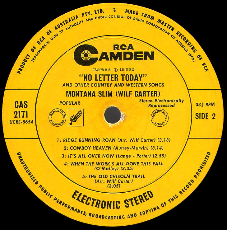 Montana Slim record (Australia) 33rpm LP Camden CAS-2171 side two