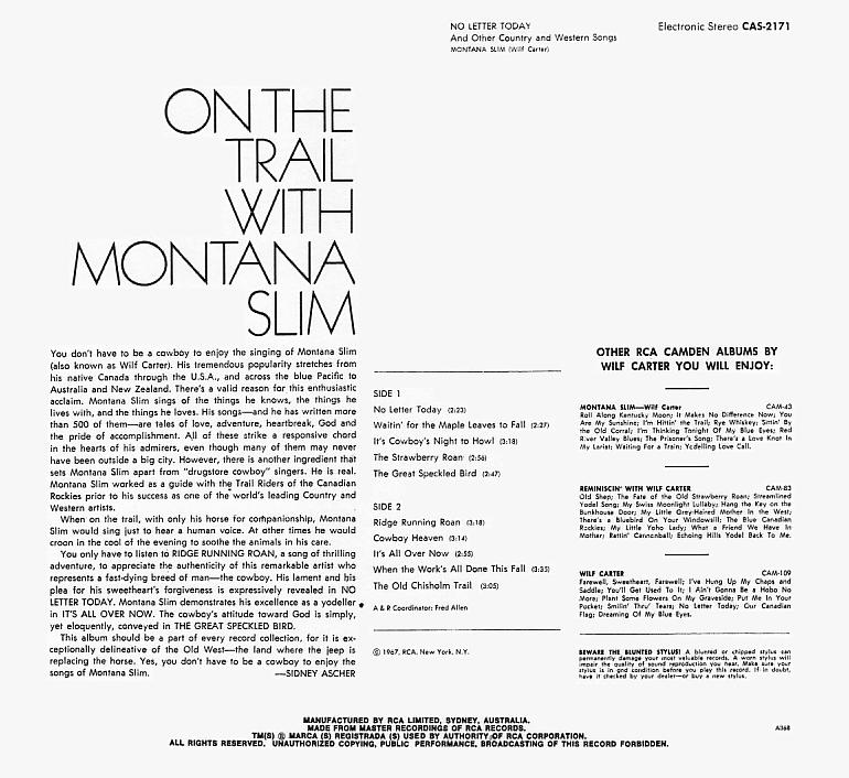 Jacket back: Montana Slim record (Australia) 33rpm LP Camden CAS-2171