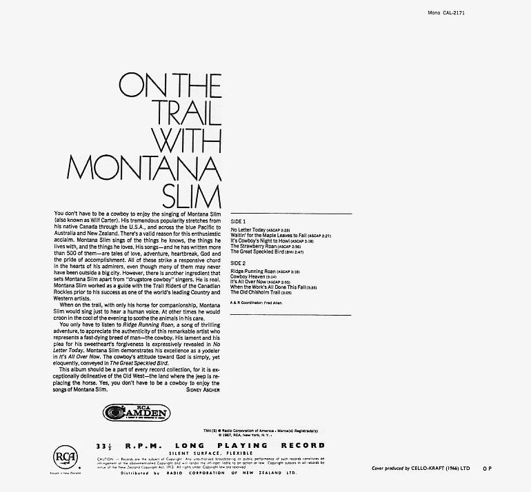 Jacket back: Montana Slim record (New Zealand) 33rpm LP Camden CAL-2171