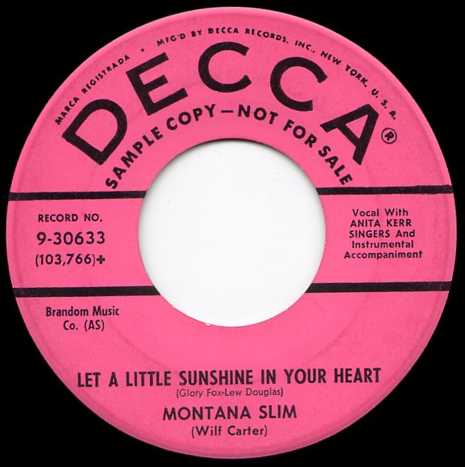 Montana Slim 45rpm record, Let a Little Sunshine in Your Heart, Decca 9-30633