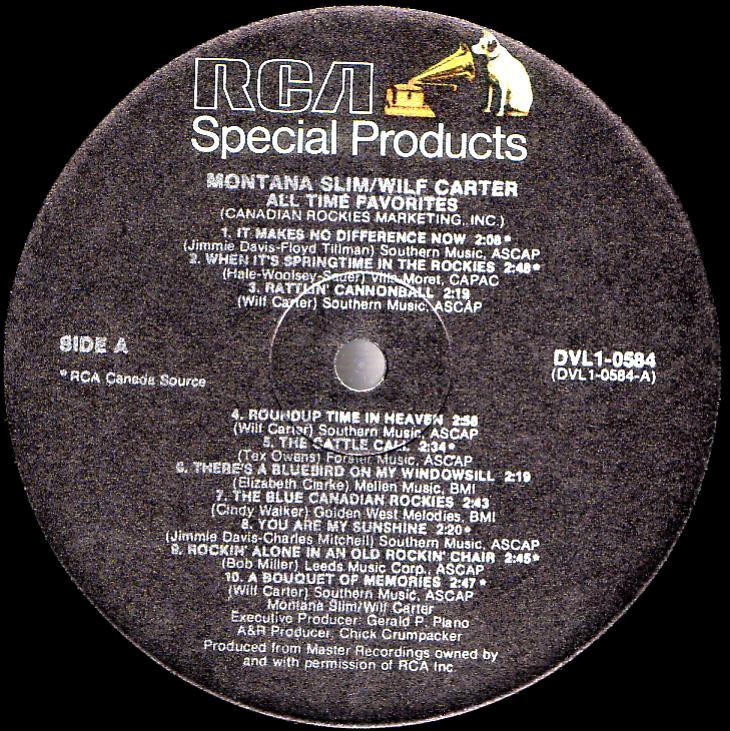 Montana Slim record (Canada) 33rpm LP RCA CRM DVL 1-0584 side one