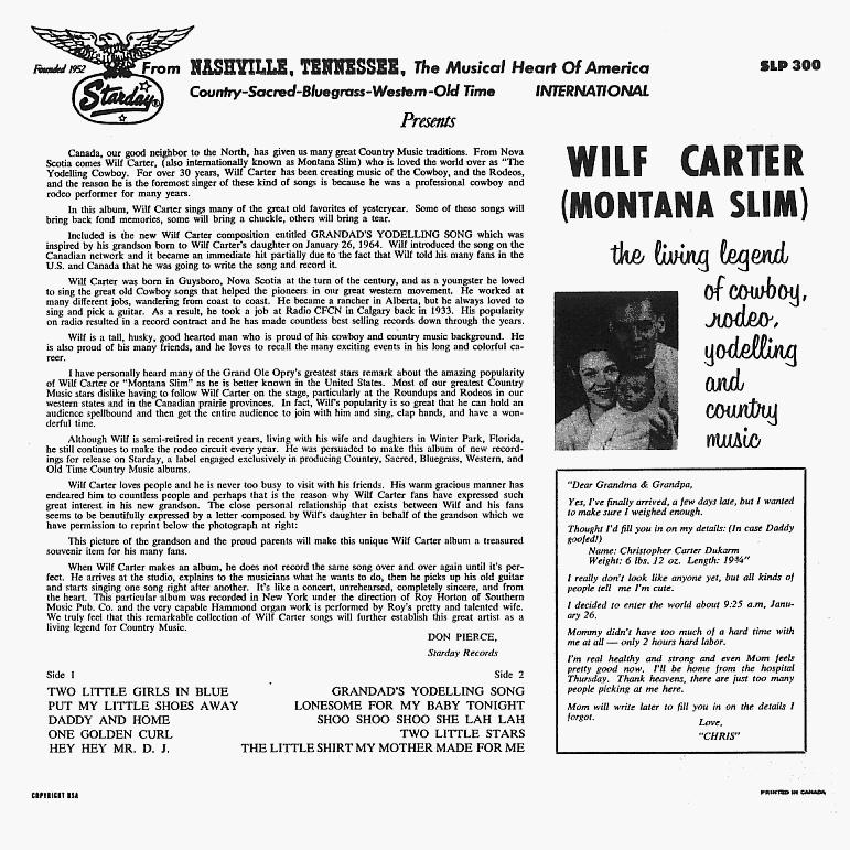 Jacket back: Wilf Carter record 33rpm LP Starday SLP-300