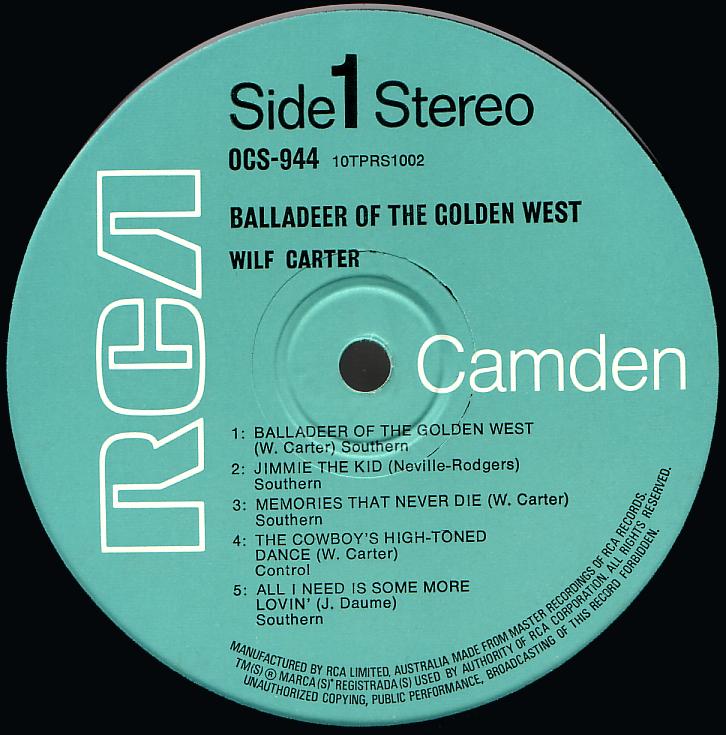 Wilf Carter record (Australia) 33rpm LP RCA Camden OCS-944 side one
