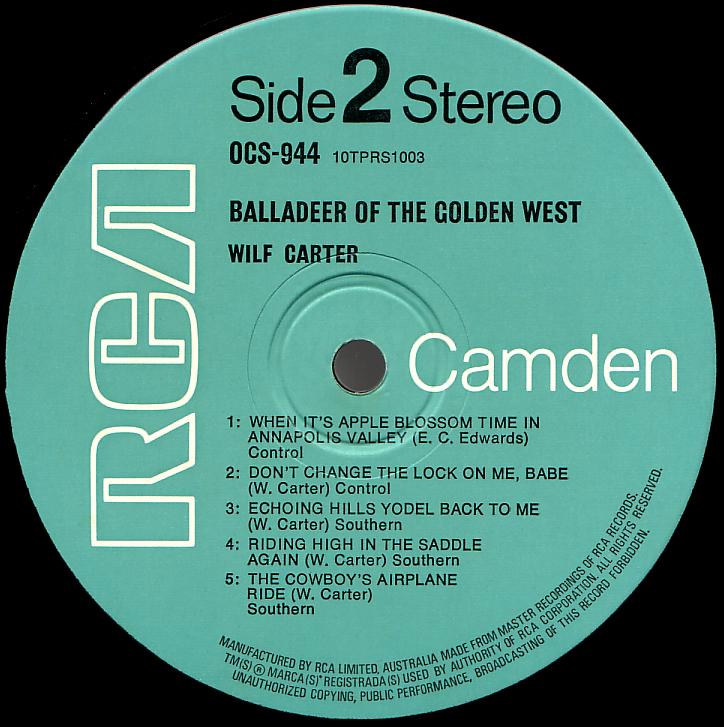 Wilf Carter record (Australia) 33rpm LP RCA Camden OCS-944 side two