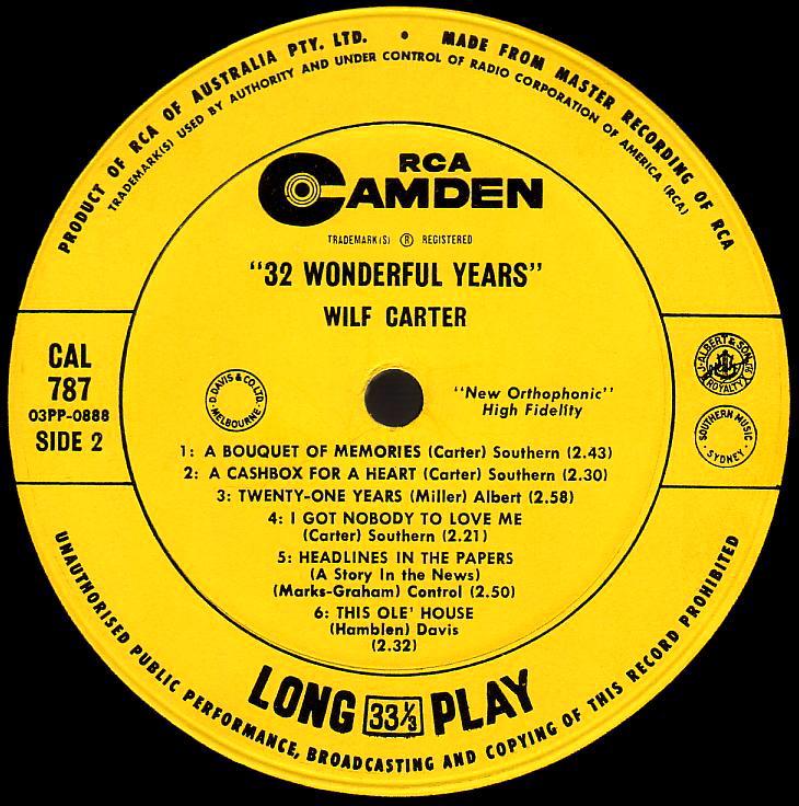 Wilf Carter record (Australia) 33rpm LP Camden CAL-787 side two