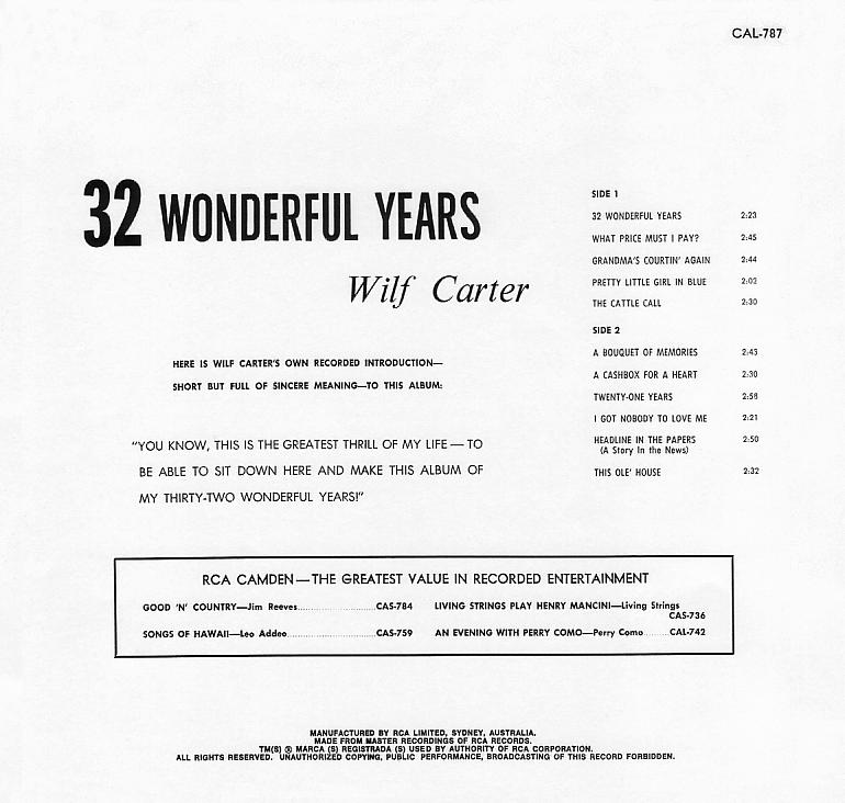 Jacket back: Wilf Carter record (Australia) 33rpm LP Camden CAL-787