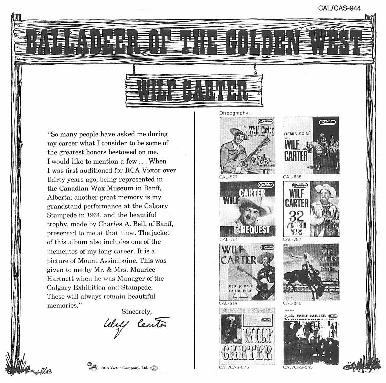 Jacket back: Wilf Carter record (Canada blue label) 33rpm LP RCA Camden CAS-944
