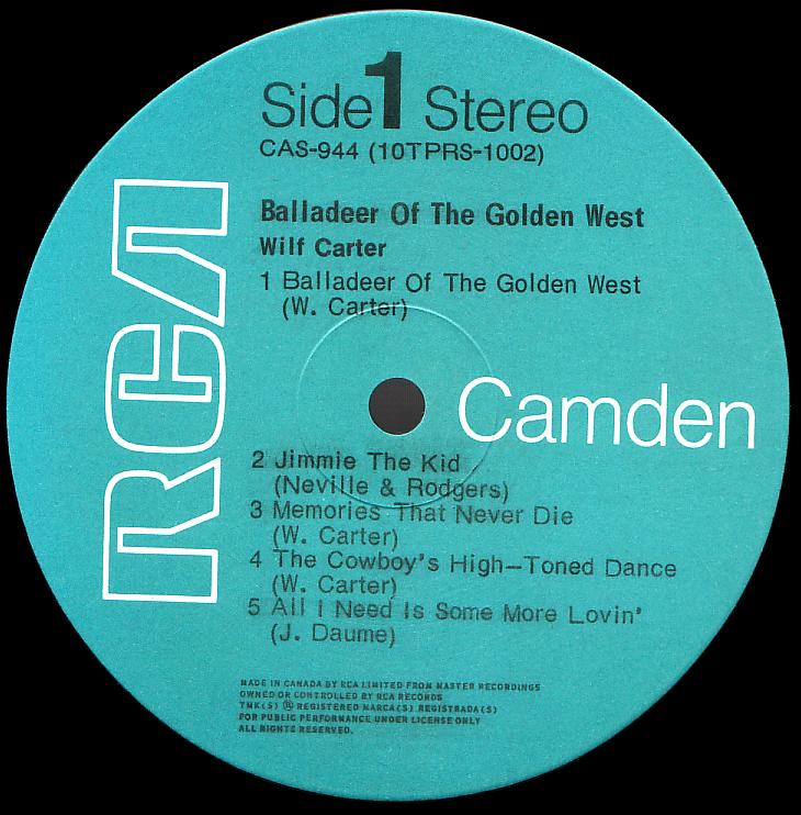 Wilf Carter record (Canada green label) 33rpm LP RCA Camden CAS-944 side one