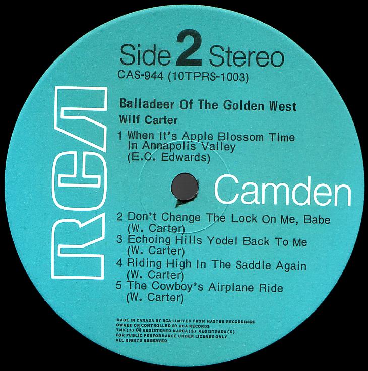 Wilf Carter record (Canada green label) 33rpm LP RCA Camden CAS-944 side two