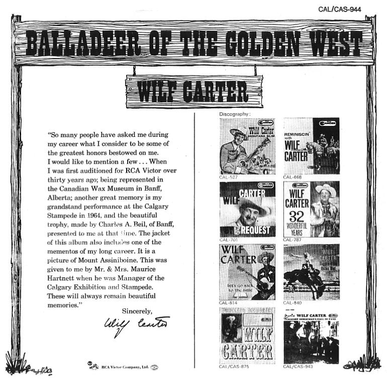 Jacket back: Wilf Carter record (Canada green label) 33rpm LP RCA Camden CAS-944