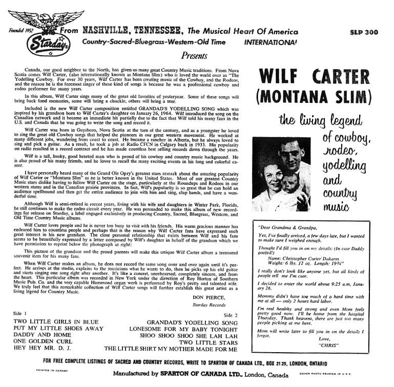 Jacket back: Wilf Carter record 33rpm LP Sparton SLP-300