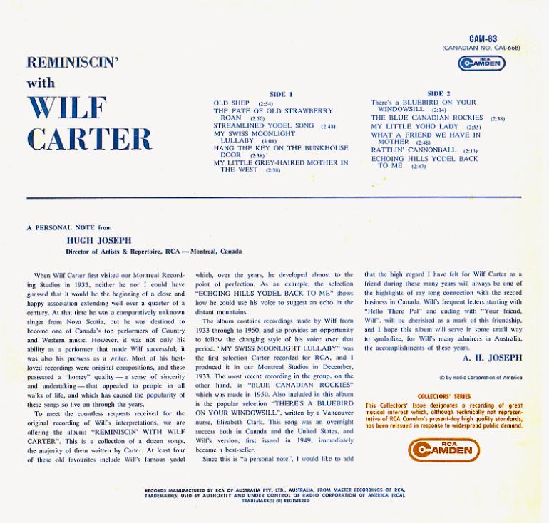 Jacket back: Wilf Carter record (Australia) 33rpm LP Camden CAM-83