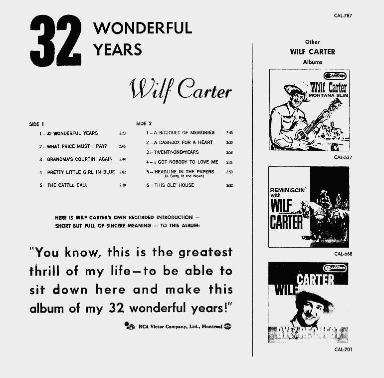 Jacket back: Wilf Carter record (Canada) 33rpm LP Camden CAL-787