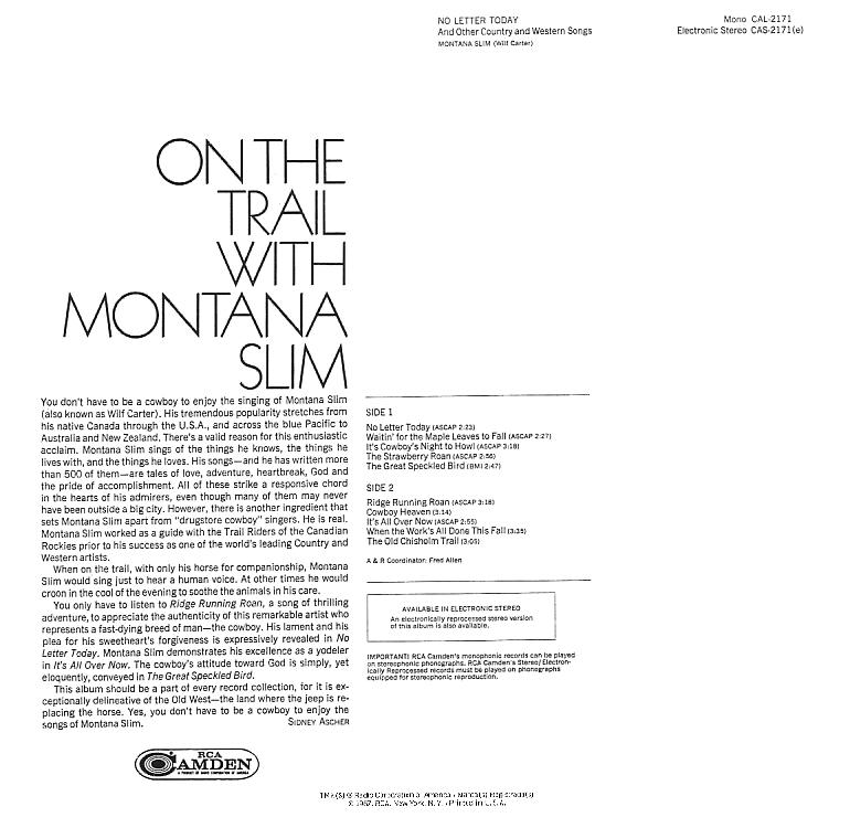 Jacket back: Montana Slim record (United States green label) 33rpm LP Camden CAS-2171(e)