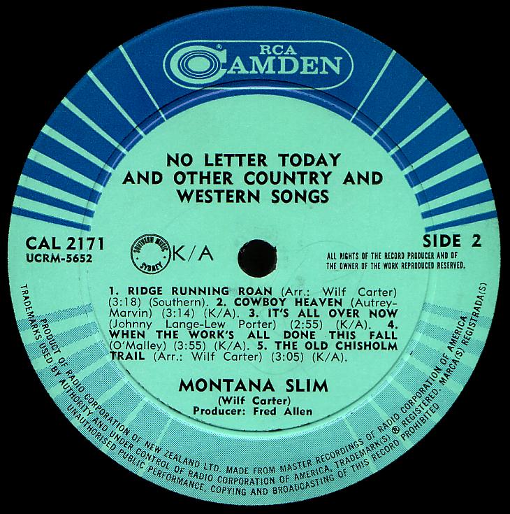 Montana Slim record (New Zealand) 33rpm LP Camden CAL-2171 side two